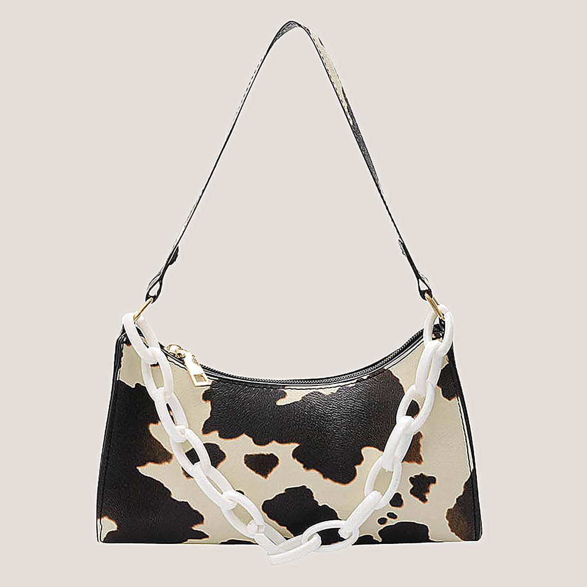 

Cow Print Chain Baguette Bag, Multicolor