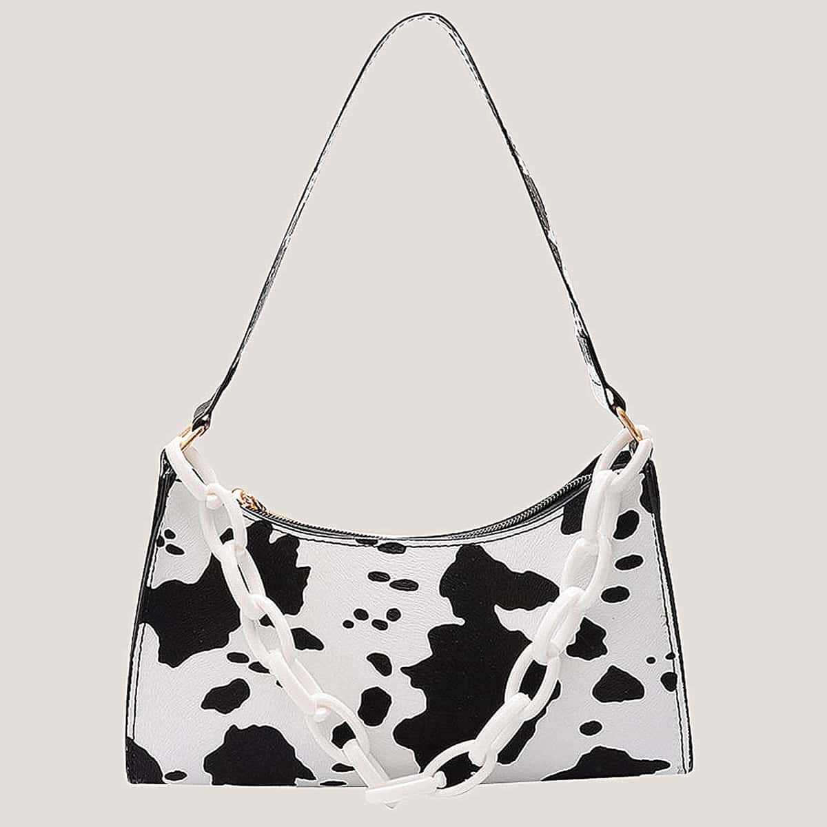 

Cow Print Chain Baguette Bag, Black and white