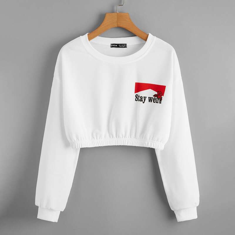 

Letter & Floral Graphic Crop Sweatshirt, White