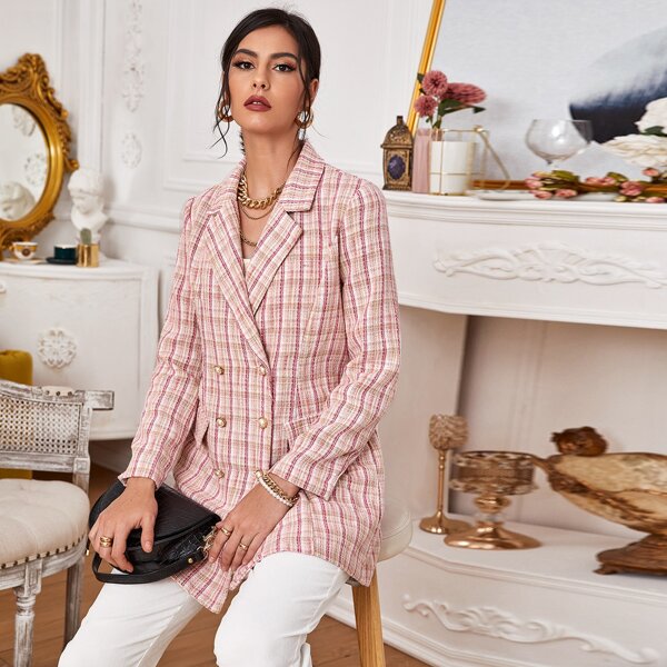 

Double Button Plaid Tweed Longline Blazer, Dusty pink