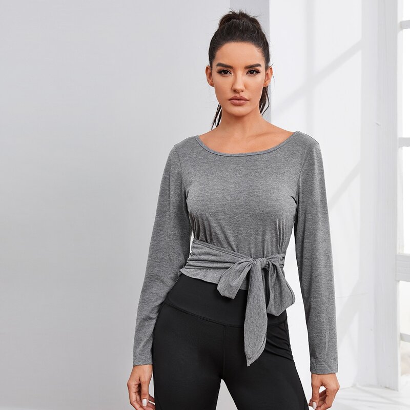 

Surplice Back Tie Front Sports Tee, Grey
