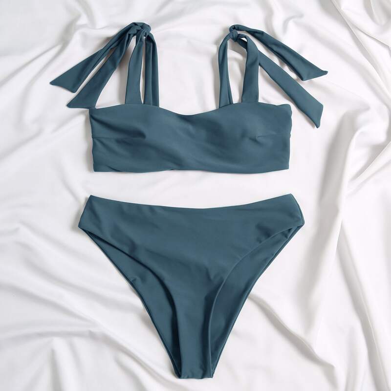 

Tie Shoulder High Waisted Bikini Swimsuit, Dusty blue