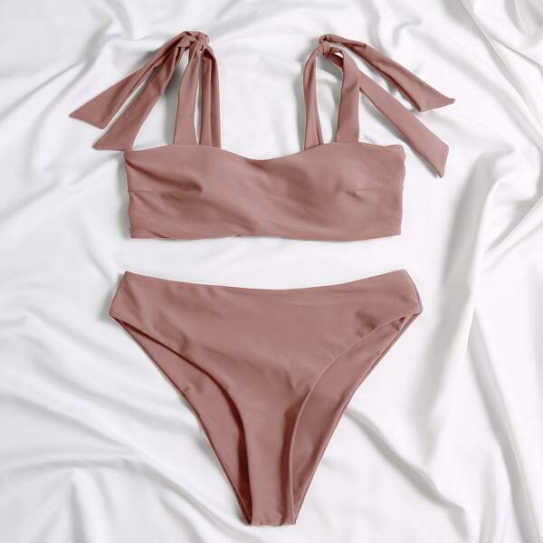

Tie Shoulder High Waisted Bikini Swimsuit, Dusty pink