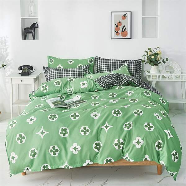 

Graphic Print Bedding Set Without Filler, Green