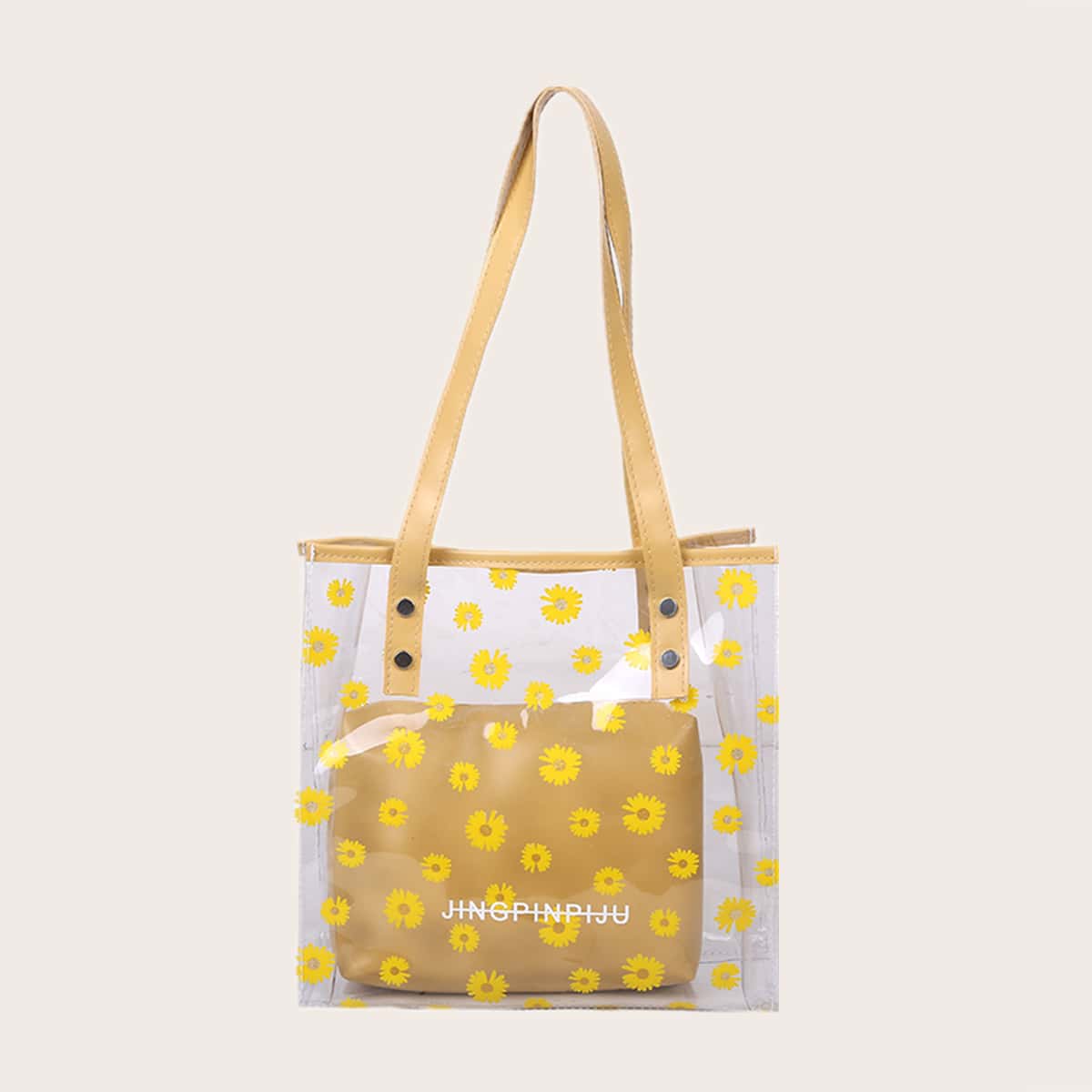 

Daisy Clear Tote Bag With Inner Pouch, Clear mustard yellow
