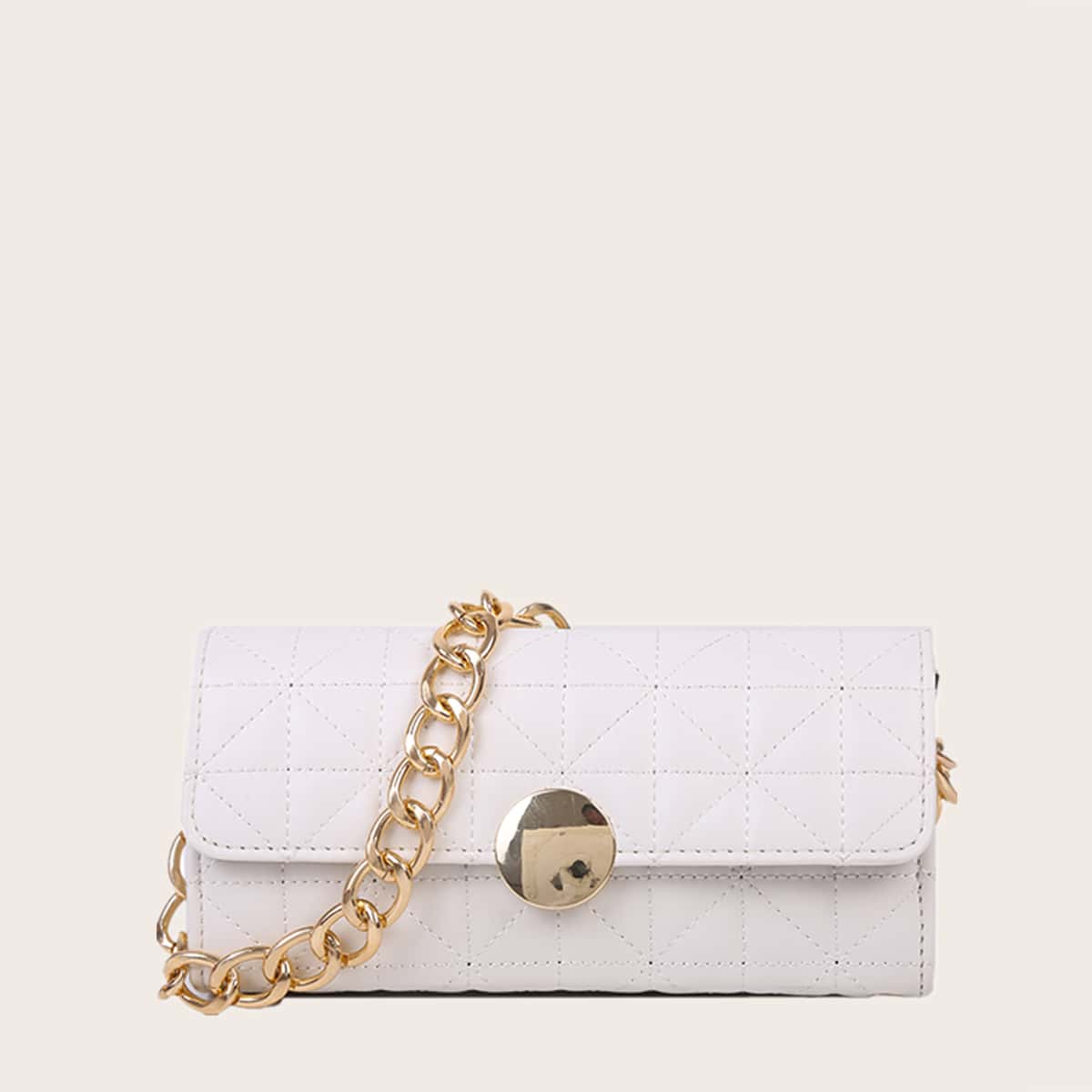 

Quilted Chain Baguette Bag, White