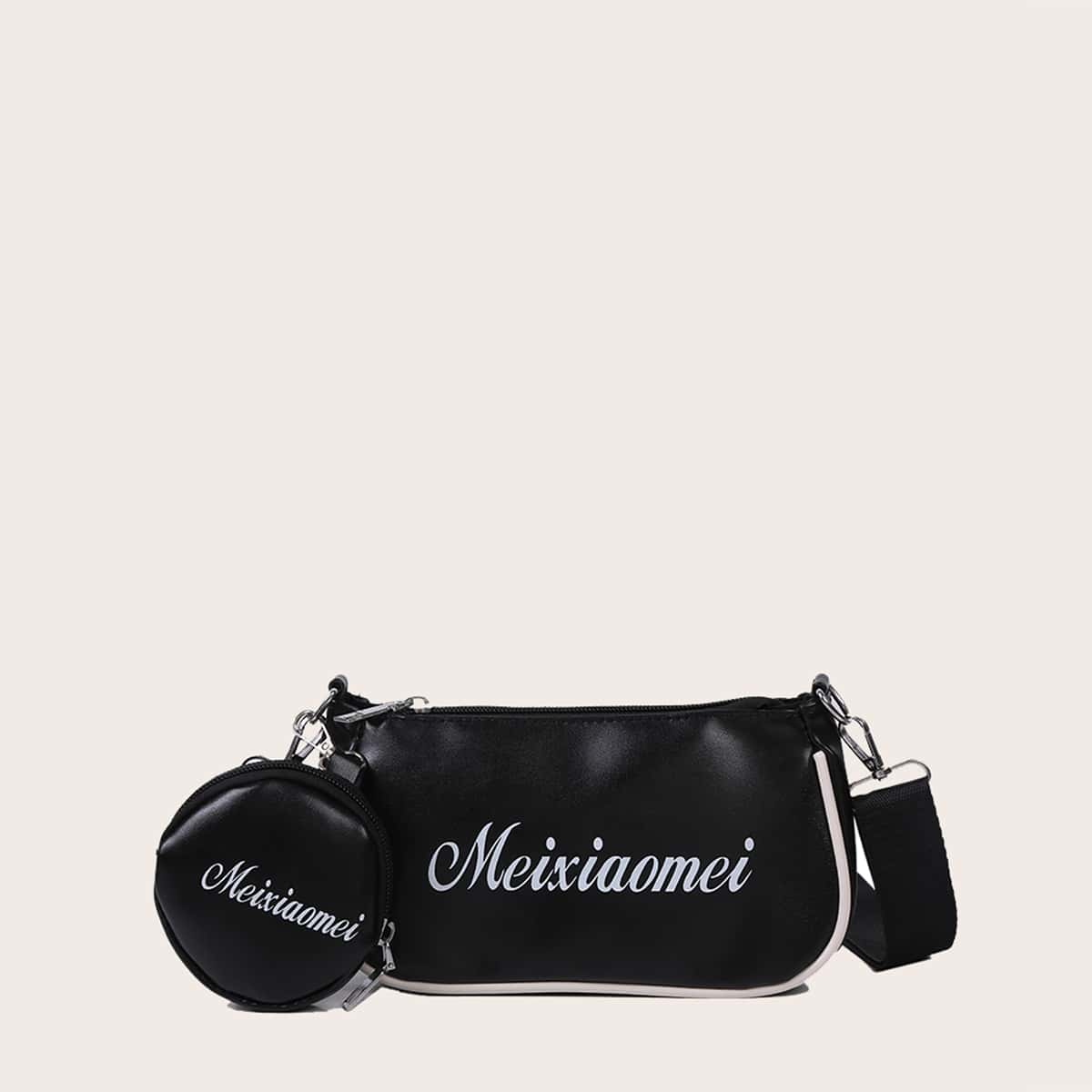

Letter Graphic Baguette Bag & Coin Purse, Black