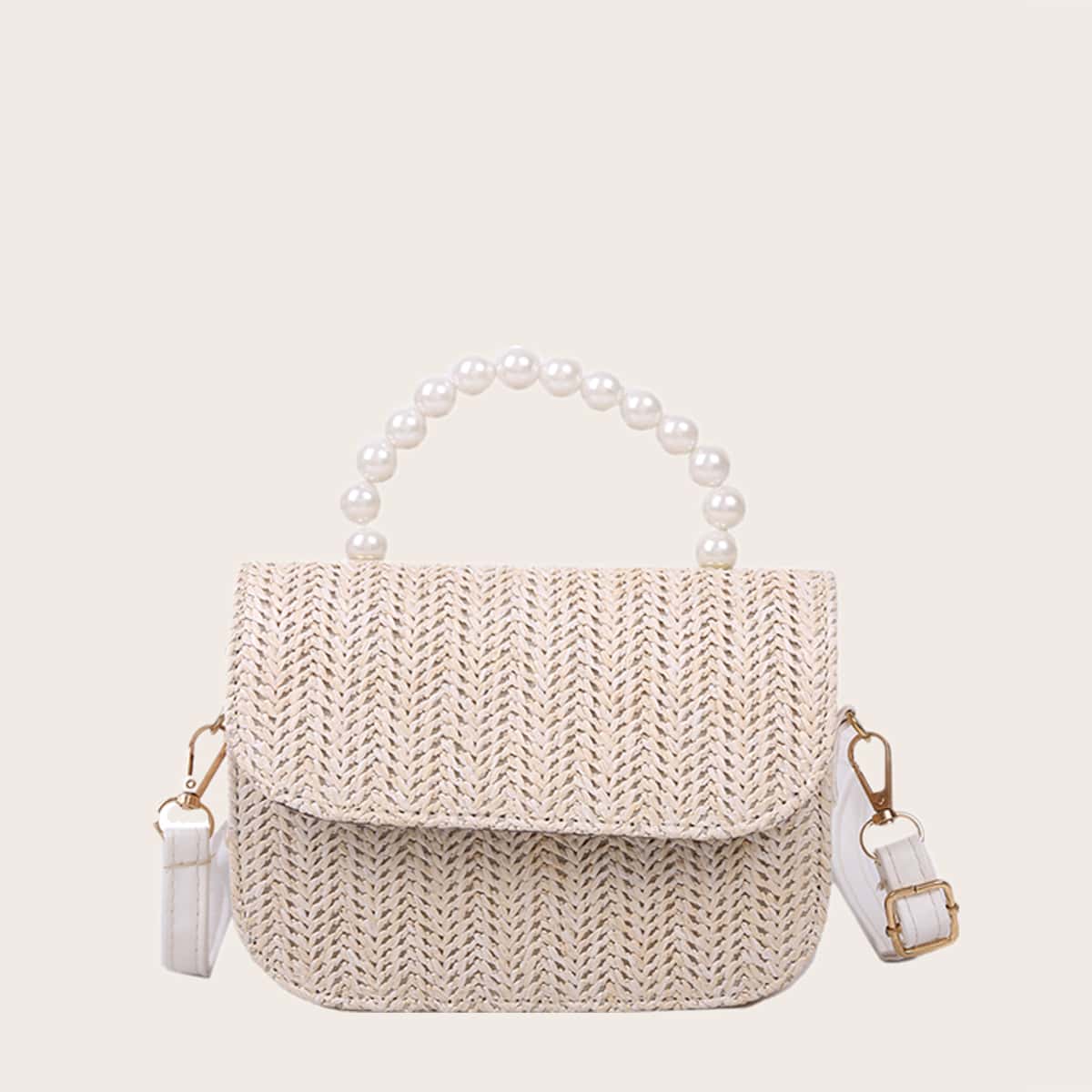 

Faux Pearl Straw Satchel Bag, Beige