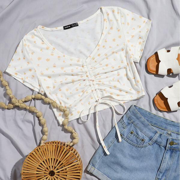 

Ditsy Floral Drawstring Knot Crop Tee, White