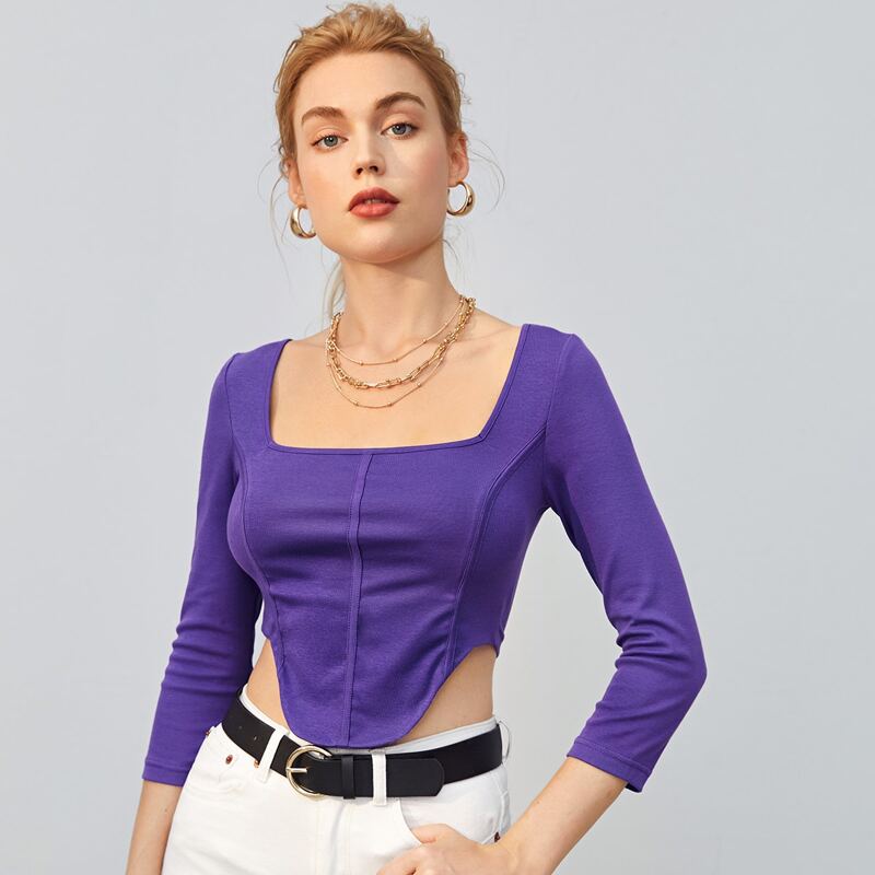 

Square Neck Bandana Hem Top, Violet purple