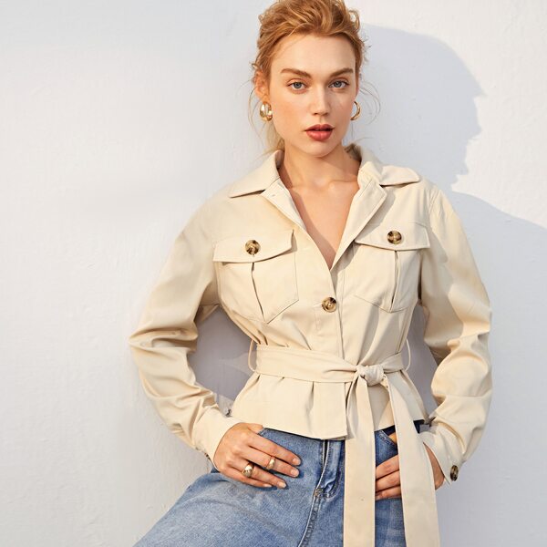 

Flap Pocket Front Belted Jacket, Khaki