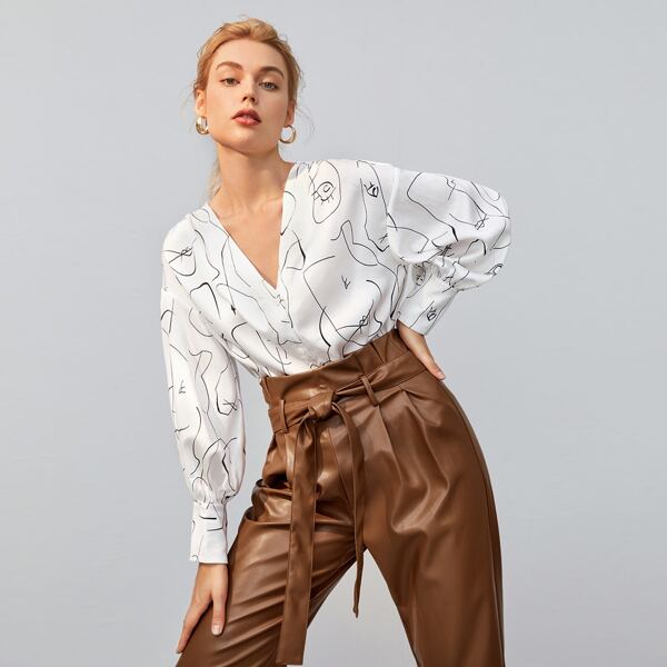 

V Neck Bishop Sleeve Blouse, White
