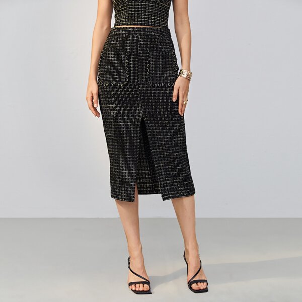 

Split Front Tweed Skirt, Black