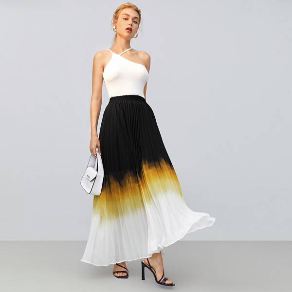 

Ombre Pleated Maxi Skirt, Black and white