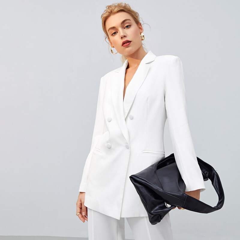 

Notched Collar Double Breasted Blazer, White