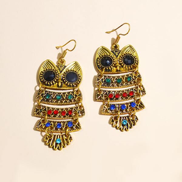 

Rhinestone Decor Owl Drop Earrings, Gold