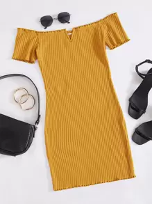 Muchica Off Shoulder Notched Neck Lettuce Trim Rib-knit Dress - Mustard Yellow - View 1