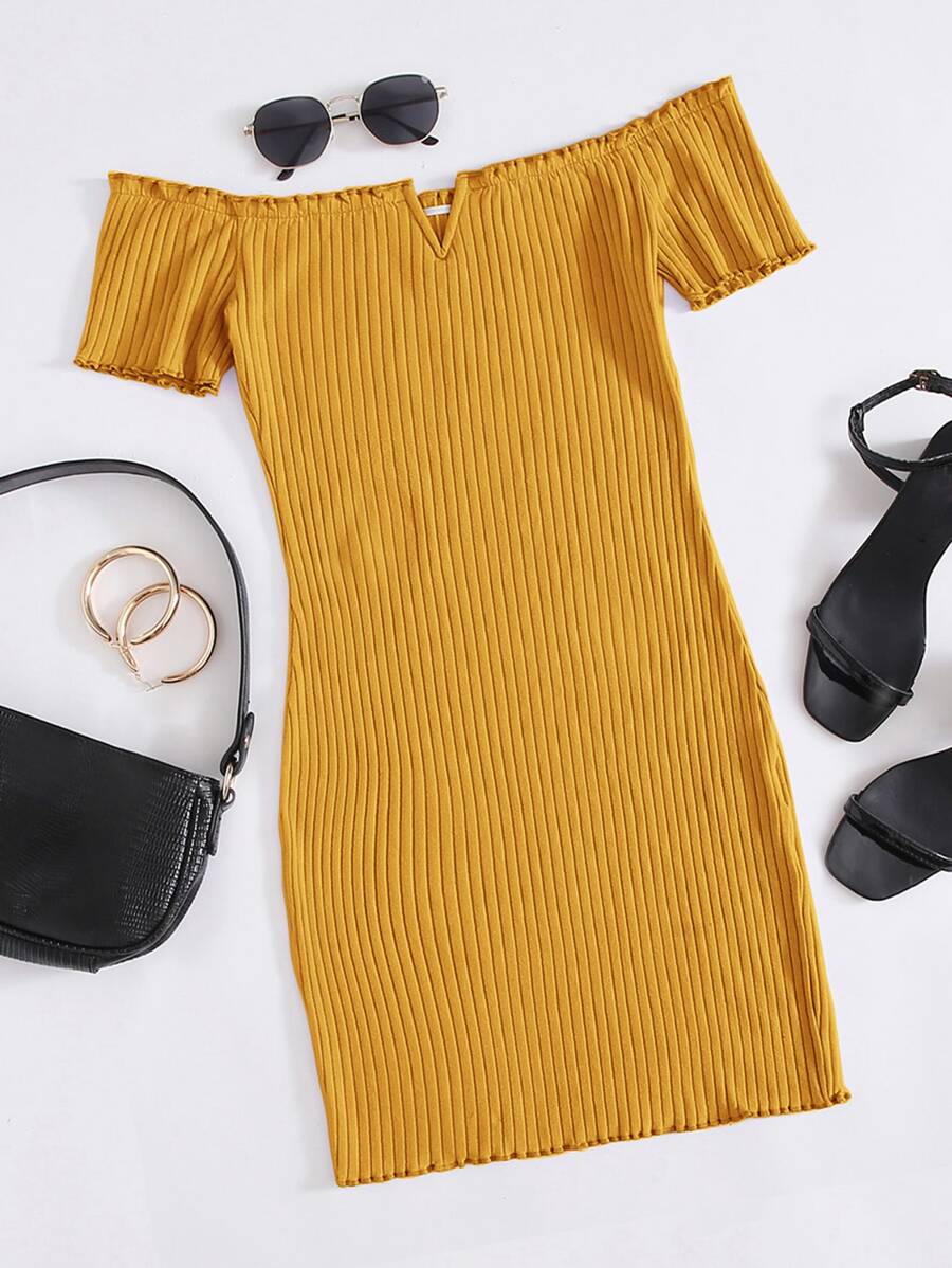 Muchica Off Shoulder Notched Neck Lettuce Trim Rib-knit Dress - Mustard Yellow - View 1
