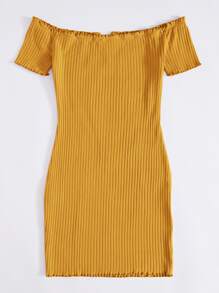 Muchica Off Shoulder Notched Neck Lettuce Trim Rib-knit Dress - Mustard Yellow - View 2