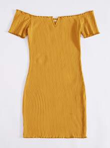 Muchica Off Shoulder Notched Neck Lettuce Trim Rib-knit Dress - Mustard Yellow - View 3