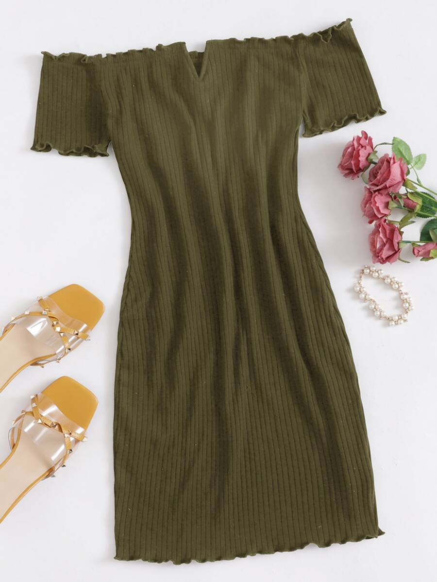 SHEIN EZwear 露肩西裝領生菜邊羅紋針織連衣裙 - 軍綠色 - 查看 1