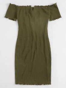 SHEIN EZwear 露肩西裝領生菜邊羅紋針織連衣裙 - 軍綠色 - 查看 4