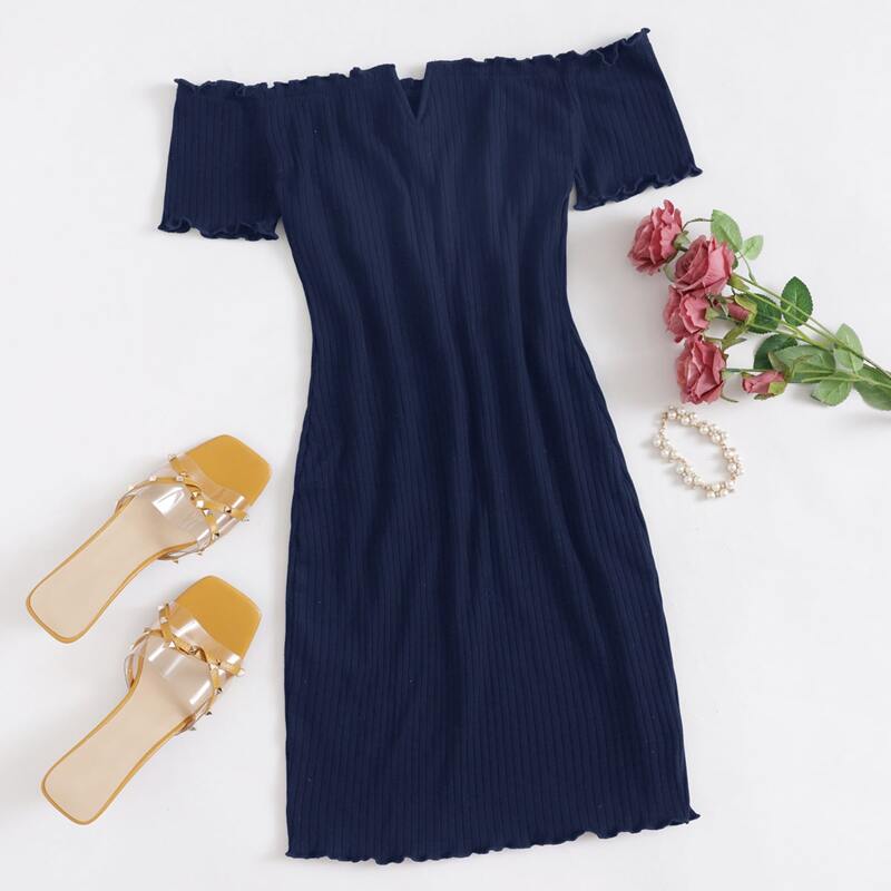 

Off Shoulder Notched Neck Lettuce Trim Rib-knit Dress, Navy blue