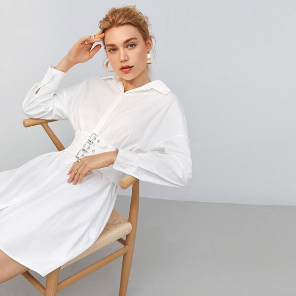 

Drop Shoulder Self Belt Shirt Dress, White