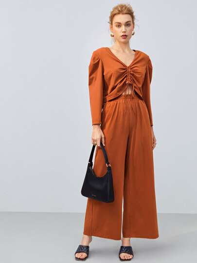 Drawstring Front Crop Top & Wide Leg Pants Set