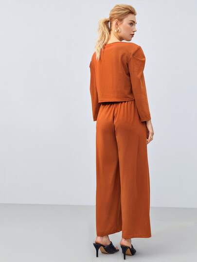 Drawstring Front Crop Top & Wide Leg Pants Set