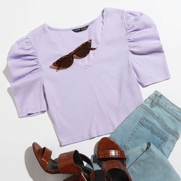 

Lace Trim Puff Sleeve Rib-knit Tee, Pastel lilac purple