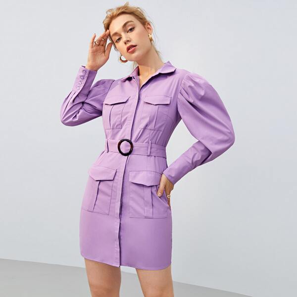 

Collared Leg-of-mutton Sleeve Pocket Front O-ring Belted Dress, Lilac purple
