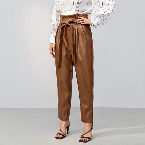 

Paperbag Waist Fold Pleated Front PU Leather Pants, Coffee brown