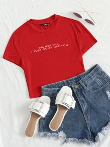 SHEIN EZwear 標語圖案短版上衣 - 紅色 - 查看 1