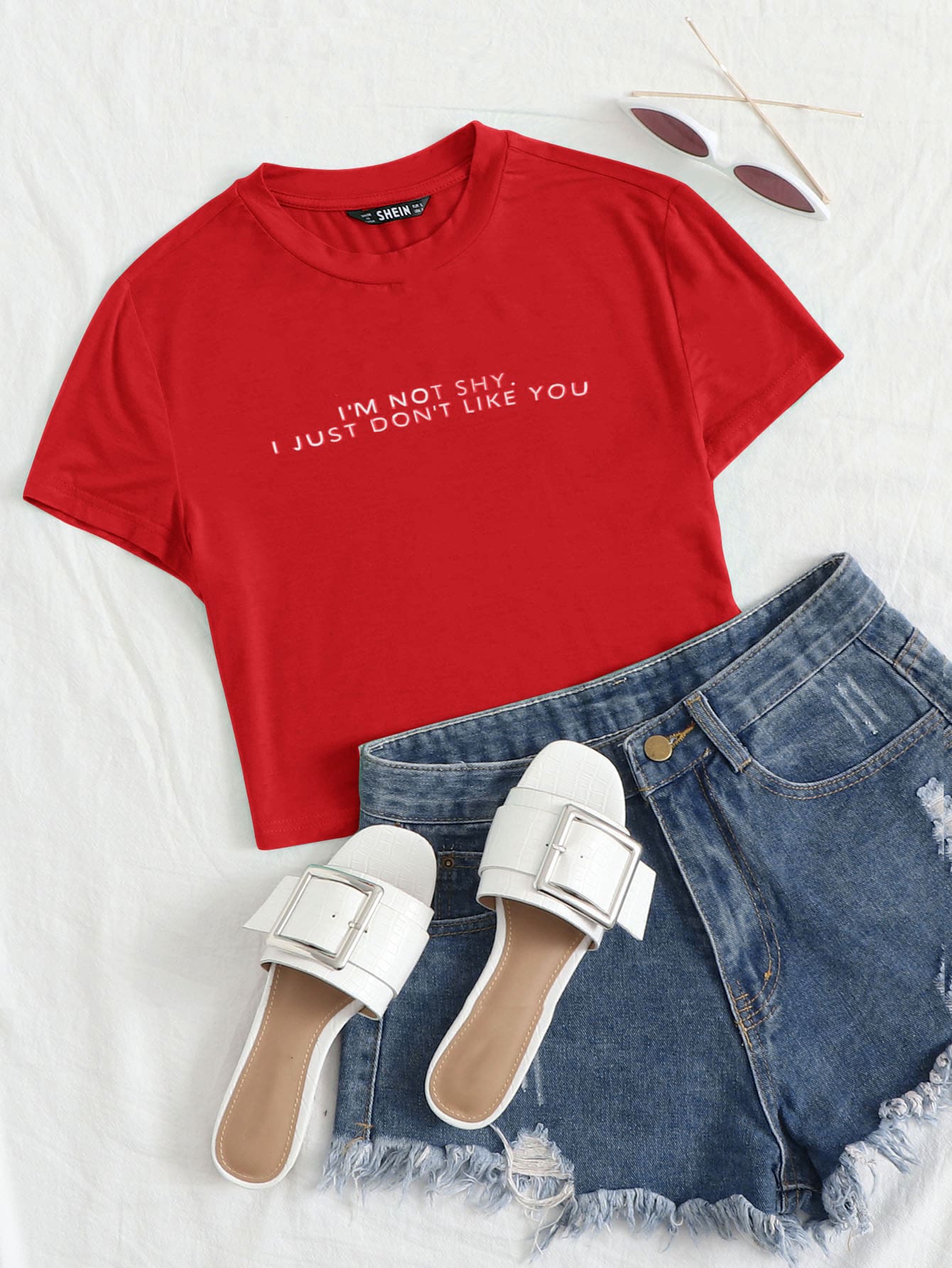 SHEIN EZwear 標語圖案短版上衣 - 紅色 - 查看 1
