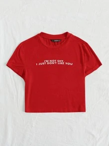 SHEIN EZwear 標語圖案短版上衣 - 紅色 - 查看 4