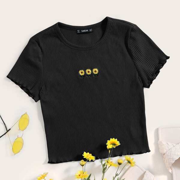 

Sunflower Embroidery Lettuce Trim Rib-knit Top, Black