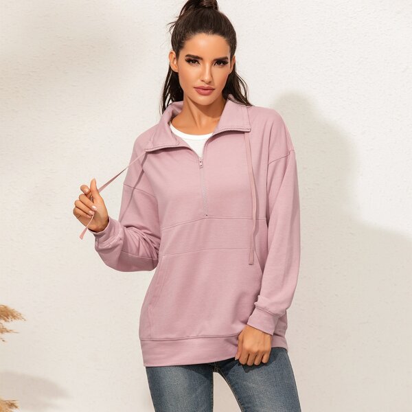 

Solid Kangaroo Pocket Half Zipper Sweatshirt, Baby pink