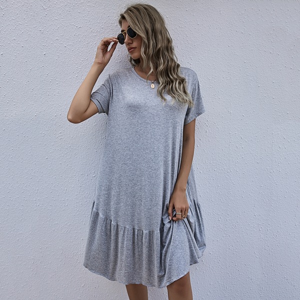 

Ruffle Hem Solid Smock Dress, Light grey