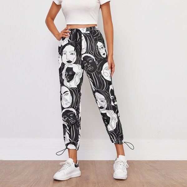 

Drawstring Hem Figure Graphic Pants, Black and white
