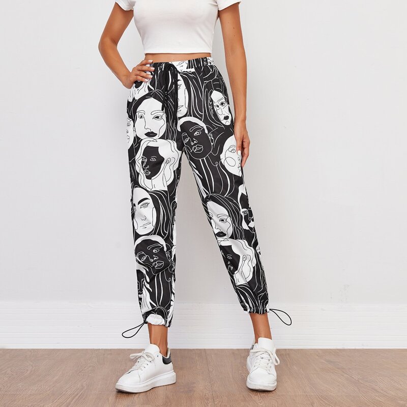 

Drawstring Hem Figure Graphic Pants, Black and white