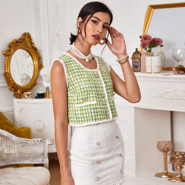 

Button Front Raw Hem Plaid Tweed Top, Lime green