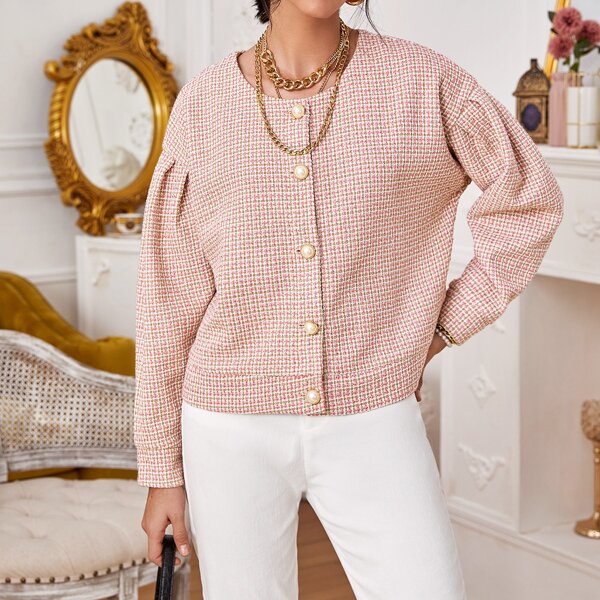 

Button Front Drop Shoulder Tweed Jacket, Baby pink