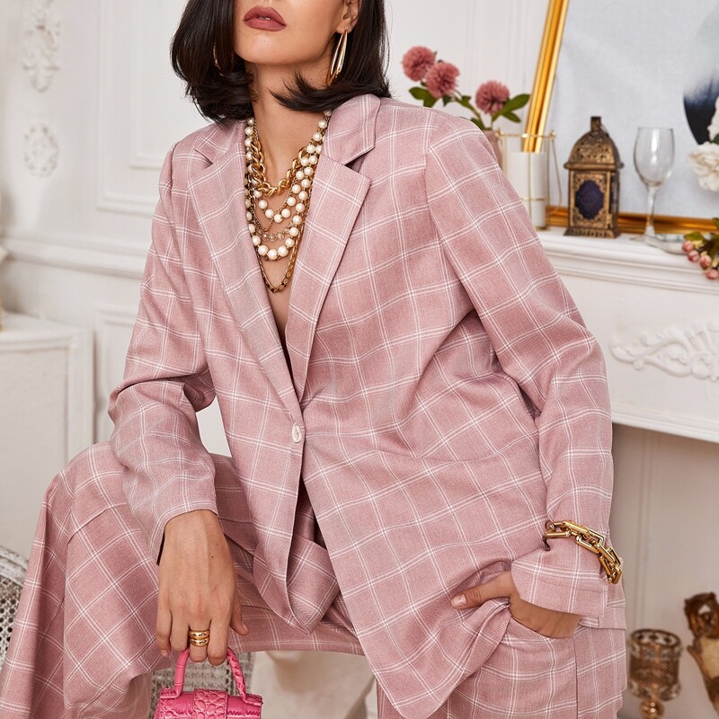 

Single Button Plaid Longline Blazer, Dusty pink