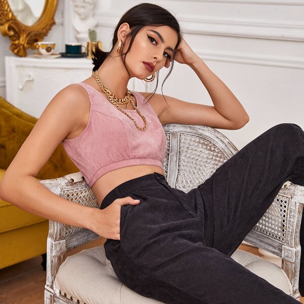 

Solid Crop Corduroy Tank Top, Dusty pink