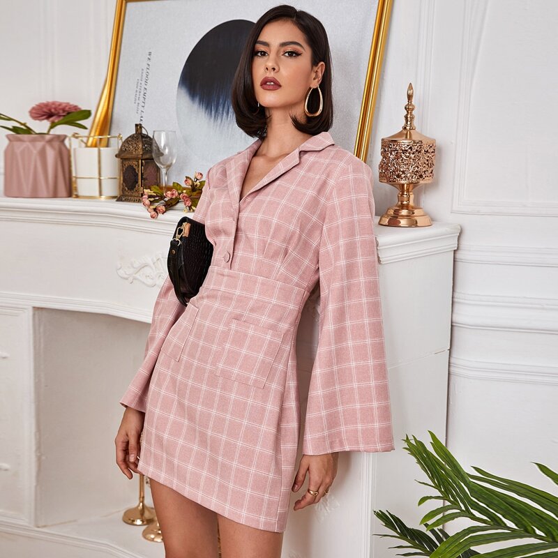 

Button Front Plaid Shirt Dress, Dusty pink