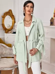 Drawstring Waist Plaid Tweed Blazer - Mint Green - View 1