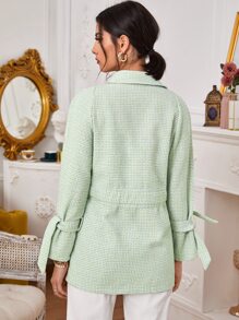Drawstring Waist Plaid Tweed Blazer - Mint Green - View 2