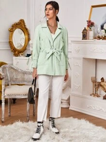 Drawstring Waist Plaid Tweed Blazer - Mint Green - View 4