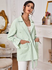 Drawstring Waist Plaid Tweed Blazer - Mint Green - View 5
